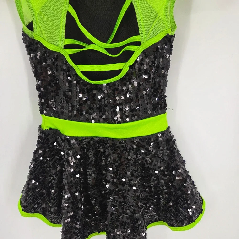 Weissman Black Neon Green Sequin Dance Costume Leotard Peplum MC Jazz Tap